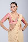 Buy_Samyukta Singhania_Peach Brocade V-neck Geometric Pattern Blouse _Online_at_Aza_Fashions