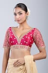 Buy_Samyukta Singhania_Magenta Silk Embroidery V-neck Floral Blouse _at_Aza_Fashions