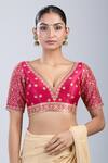 Samyukta Singhania_Magenta Silk Embroidery V-neck Floral Blouse _Online_at_Aza_Fashions