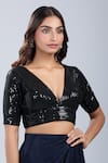 Buy_Samyukta Singhania_Black Sequins V-neck Work Blouse _at_Aza_Fashions