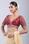 Buy Samyukta Singhania Maroon Silk Embroidery V-neck Floral Blouse at Aza Fashions Buy_Samyukta Singhania_Maroon Silk Embroidery V-neck Floral Blouse _at_Aza_Fashions