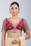 Shop Samyukta Singhania Maroon Silk Embroidery V-neck Floral Blouse at Aza Fashions Shop_Samyukta Singhania_Maroon Silk Embroidery V-neck Floral Blouse _at_Aza_Fashions