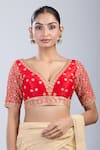 Samyukta Singhania_Red Silk Embroidery V-neck Floral Blouse _Online_at_Aza_Fashions