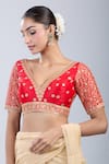 Buy_Samyukta Singhania_Red Silk Embroidery V-neck Floral Blouse _at_Aza_Fashions