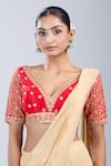 Shop_Samyukta Singhania_Red Silk Embroidery V-neck Floral Blouse _Online_at_Aza_Fashions
