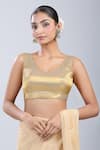 Buy_Samyukta Singhania_Gold Silk V-neck Textured Self Design Blouse _at_Aza_Fashions