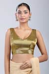 Buy_Samyukta Singhania_Green Silk V-neck Textured Self Design Blouse _Online_at_Aza_Fashions