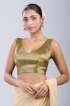 Buy_Samyukta Singhania_Green Silk V-neck Textured Self Design Blouse _at_Aza_Fashions