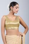 Samyukta Singhania_Rose Gold Silk Leaf Neck Geometric Pattern Blouse _Online_at_Aza_Fashions