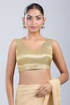 Buy_Samyukta Singhania_Rose Gold Silk Leaf Neck Geometric Pattern Blouse _Online_at_Aza_Fashions