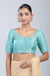 Buy_Naintara Bajaj_Blue Tissue Round Neck Butti Pattern Blouse _at_Aza_Fashions