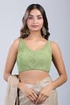 Samyukta Singhania_Green Tissue Scoop Neck Sleeveless Textured Blouse _Online_at_Aza_Fashions