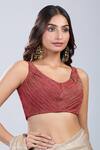 Samyukta Singhania_Rust Tissue Scoop Neck Textured Sleeveless Blouse _Online_at_Aza_Fashions