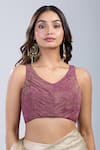 Shop Samyukta Singhania Wine Tissue V-neck Textured Sleeveless Blouse Online at Aza Fashions Shop_Samyukta Singhania_Wine Tissue V-neck Textured Sleeveless Blouse _Online_at_Aza_Fashions