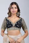 Buy_Samyukta Singhania_Black Silk Embroidery V-neck Floret Blouse _at_Aza_Fashions