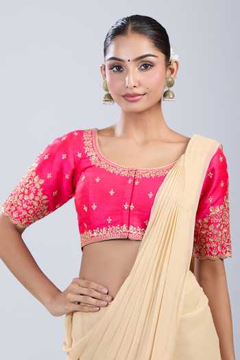 Samyukta Singhania_Pink Embroidery Round Neck Floret Blouse _Online_at_Aza_Fashions