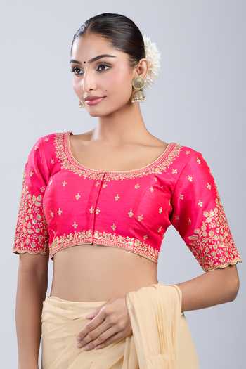 Shop_Samyukta Singhania_Pink Embroidery Round Neck Floret Blouse _at_Aza_Fashions