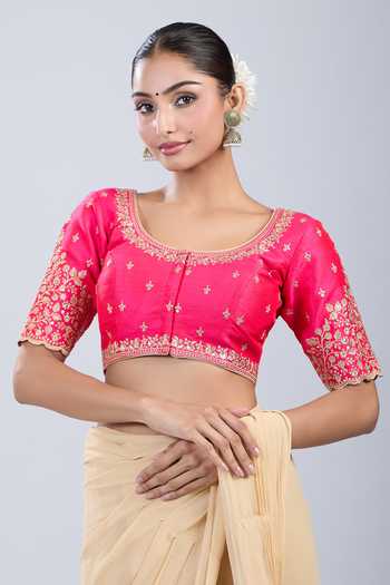 Buy_Samyukta Singhania_Pink Embroidery Round Neck Floret Blouse _at_Aza_Fashions