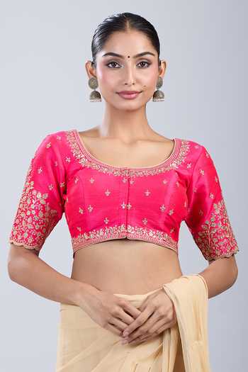 Buy_Samyukta Singhania_Pink Embroidery Round Neck Floret Blouse _Online_at_Aza_Fashions