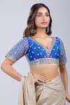 Buy_Samyukta Singhania_Blue Silk Embroidery V-neck Floret Blouse _Online_at_Aza_Fashions
