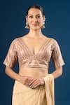 Shop_Samyukta Singhania_Rose Gold Sequins V-neck Stripe Pattern Blouse _Online_at_Aza_Fashions