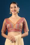 Buy Samyukta Singhania Maroon Brocade V-neck Color Block Pattern Blouse at Aza Fashions Buy_Samyukta Singhania_Maroon Brocade V-neck Color Block Pattern Blouse _at_Aza_Fashions