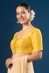 Buy_Naintara Bajaj_Yellow Tissue Round Neck Butti Pattern Blouse _Online_at_Aza_Fashions