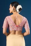 Shop_Samyukta Singhania_Peach Embroidery V-neck Geometric And Floral Pattern Blouse _at_Aza_Fashions
