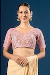 Buy_Samyukta Singhania_Peach Embroidery V-neck Geometric And Floral Pattern Blouse _at_Aza_Fashions