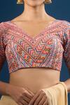 Buy_Samyukta Singhania_Peach Embroidery V-neck Geometric And Floral Pattern Blouse _Online_at_Aza_Fashions