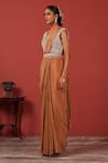 Suruchi Parakh_Brown Crepe Embroidery V-neck Blouse And Pre-draped Saree Set _Online_at_Aza_Fashions