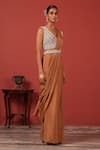 Buy_Suruchi Parakh_Brown Crepe Embroidery V-neck Blouse And Pre-draped Saree Set _Online_at_Aza_Fashions