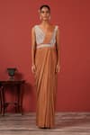 Buy_Suruchi Parakh_Brown Crepe Embroidery V-neck Blouse And Pre-draped Saree Set _at_Aza_Fashions