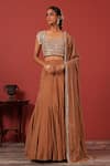 Buy_Suruchi Parakh_Brown Georgette, Crepe Beads, Sequins Round Neck Embroidered Blouse Lehenga Set _at_Aza_Fashions