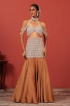 Buy_Suruchi Parakh_Beige Georgette, Crepe Beads, Embroidery Asymmetric Fusion Lehenga Set _at_Aza_Fashions