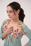 Buy_Ruchi Marodia_Teal Cotton Embroidery Leaf Neck Hand Panelled Kurta And Pant Set 