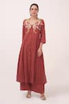 Buy_Ruchi Marodia_Red Cotton Embroidery V-neck Hand Panelled Kurta And Pant Set _at_Aza_Fashions