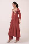 Ruchi Marodia_Red Cotton Embroidery V-neck Hand Panelled Kurta And Pant Set _Online_at_Aza_Fashions