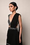 Rabiya Savlani_Black Georgette Embroidery, Beads V-neck Pre-stitched Saree With Blouse _Online_at_Aza_Fashions