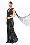 Buy_Rabiya Savlani_Black Satin, Tulle Embroidery V-neck Sculpted Saree Gown _Online_at_Aza_Fashions