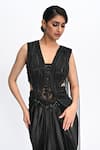 Shop_Rabiya Savlani_Black Satin, Tulle Embroidery V-neck Sculpted Saree Gown _Online_at_Aza_Fashions