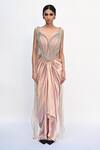 Shop_Rabiya Savlani_Peach Satin, Tulle Beads V-neck Sculpted Embroidered Saree Gown _at_Aza_Fashions