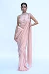 Buy_Rabiya Savlani_Peach Satin, Tulle Sequins, Beads Round Pre-draped Saree With Embroidered Blouse _at_Aza_Fashions