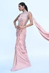 Shop_Rabiya Savlani_Peach Satin, Tulle Sequins, Beads Round Pre-draped Saree With Embroidered Blouse _at_Aza_Fashions
