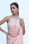 Buy_Rabiya Savlani_Peach Satin, Tulle Sequins, Beads Round Pre-draped Saree With Embroidered Blouse _Online_at_Aza_Fashions
