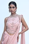 Shop_Rabiya Savlani_Peach Satin, Tulle Sequins, Beads Round Pre-draped Saree With Embroidered Blouse _Online_at_Aza_Fashions
