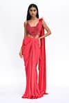 Buy_Rabiya Savlani_Red Satin, Tulle Beads Scoop Pre-draped Saree With Embroidered Sculpted Blouse _at_Aza_Fashions