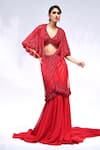 Buy_Rabiya Savlani_Red Satin, Tulle High Waisted Pre-draped Skirt Saree With Embellished Blouse _at_Aza_Fashions
