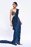 Shop_Rabiya Savlani_Blue Georgette Beads Round Neck Ruffle Pre-draped Saree With Blouse _at_Aza_Fashions