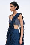 Rabiya Savlani_Blue Georgette Beads Round Neck Ruffle Pre-draped Saree With Blouse _Online_at_Aza_Fashions